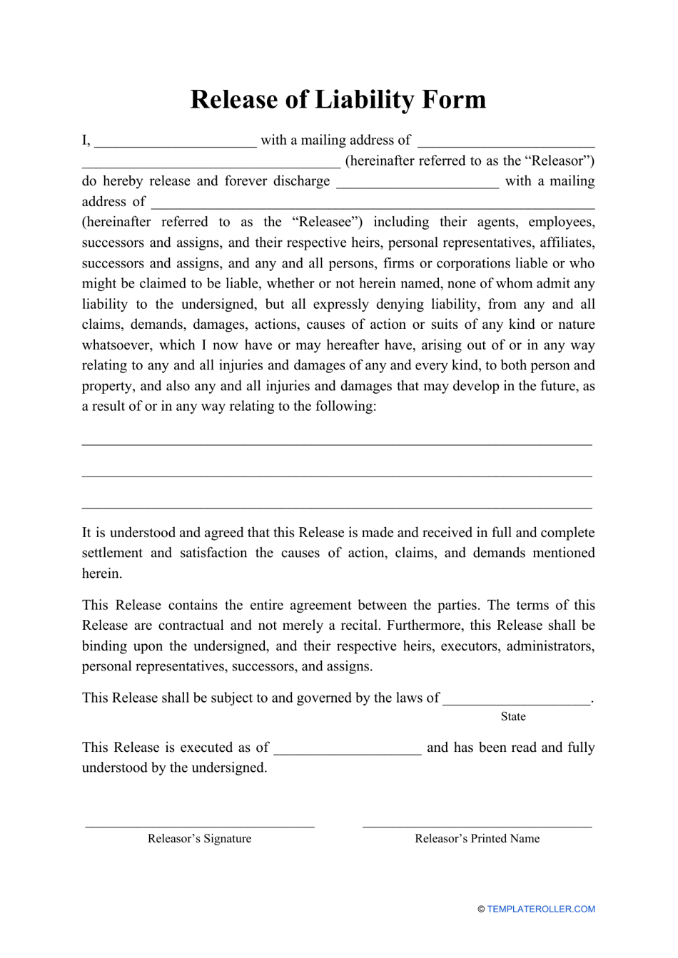 Free Liability Release Forms Printable Online Printable Templates