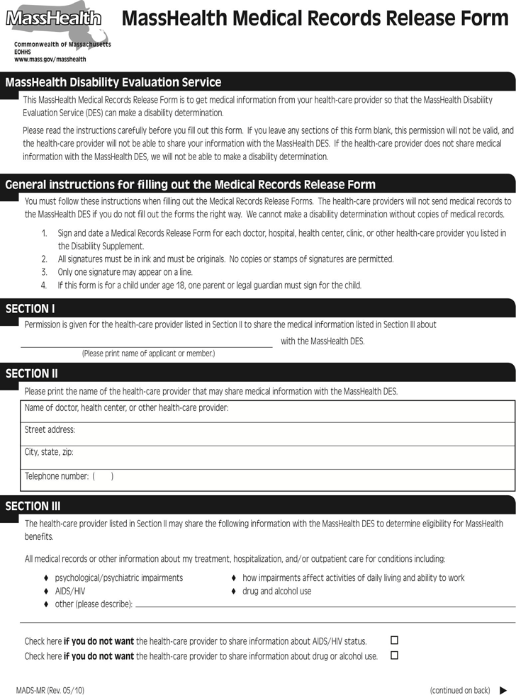 Free Massachusetts Medical Records Release Form PDF 75KB 2 Page s 