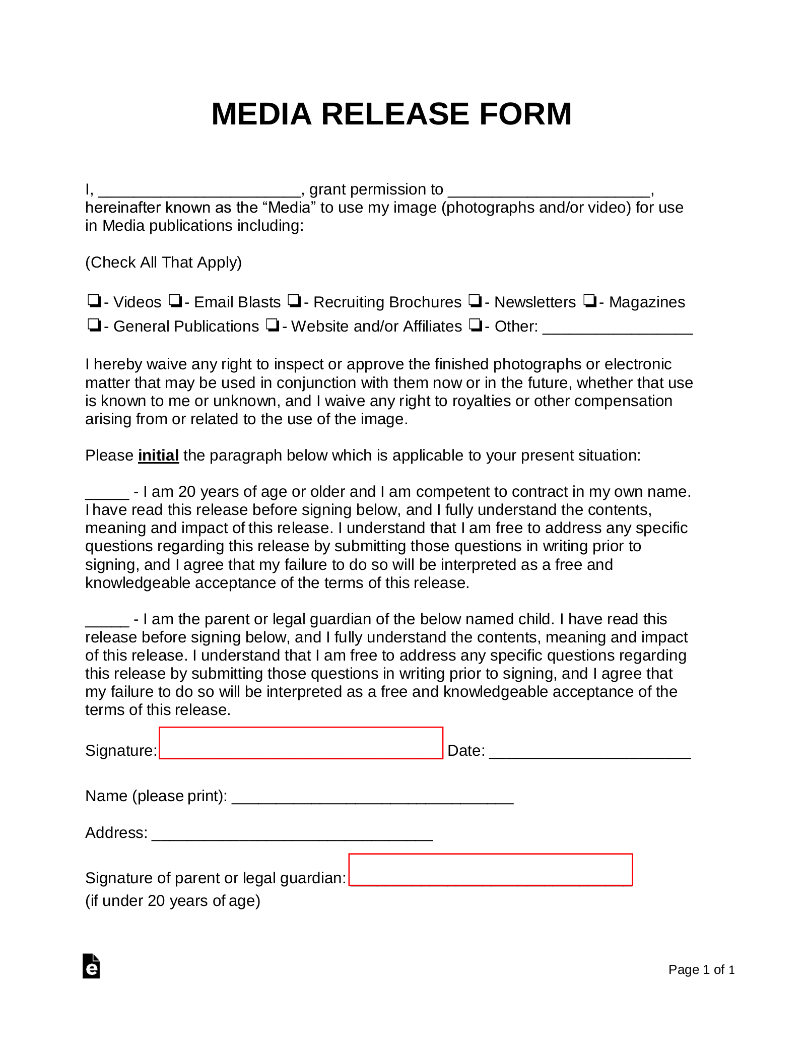 Free Media Liability Release Form PDF Word EForms