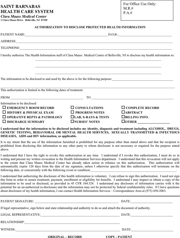 Free New Jersey Medical Records Release Form PDF 41KB 1 Page s 