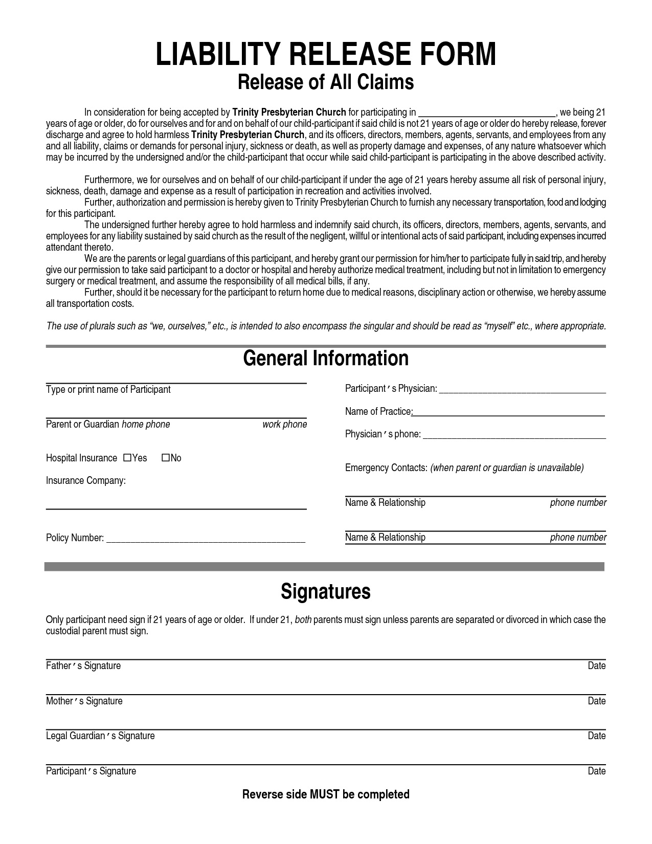 Free Printable Liability Form Form GENERIC 