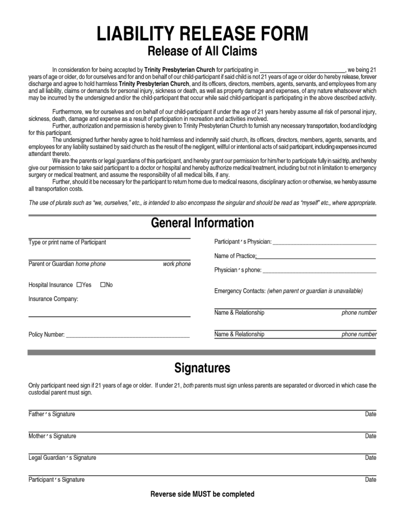 Free Printable Liability Form Form GENERIC 