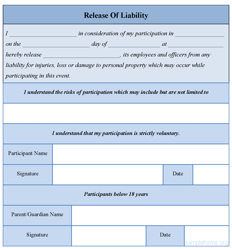 Free Printable Liability Release Form Sample Form GENERIC 