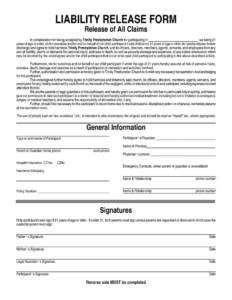 Free Printable Liability Release Waiver Form Form GENERIC