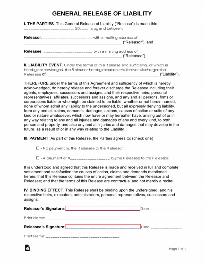 Free Release Of Liability Forms 12 Word PDF EForms