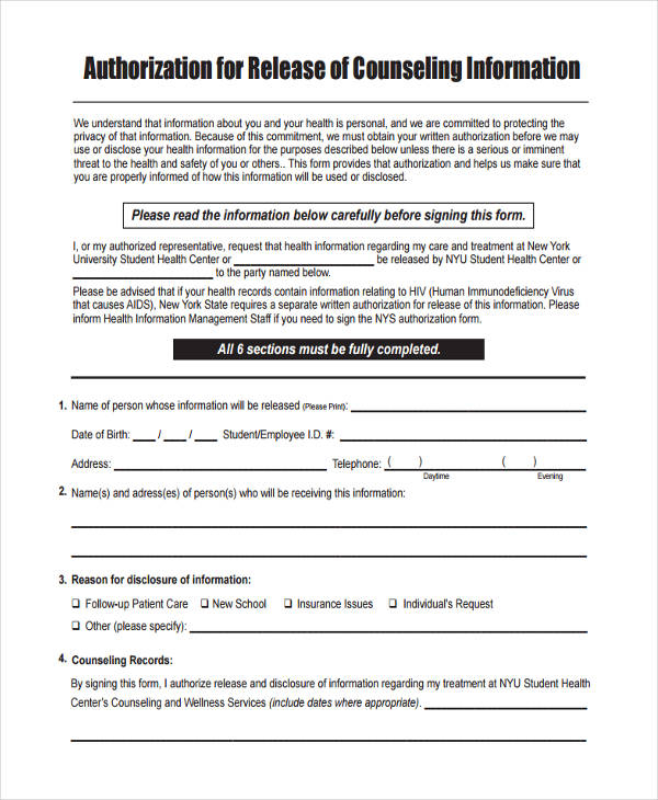 Free Sample Counseling Release Of Information Form ReleaseForm