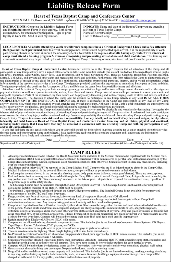 Free Texas Liability Release Form PDF 121KB 2 Page s 