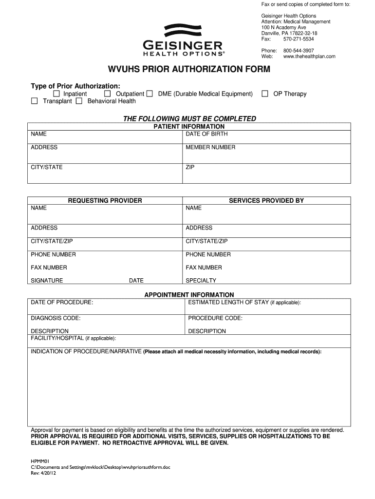 Geisinger Prior Authorization Form Fill Online Printable Fillable