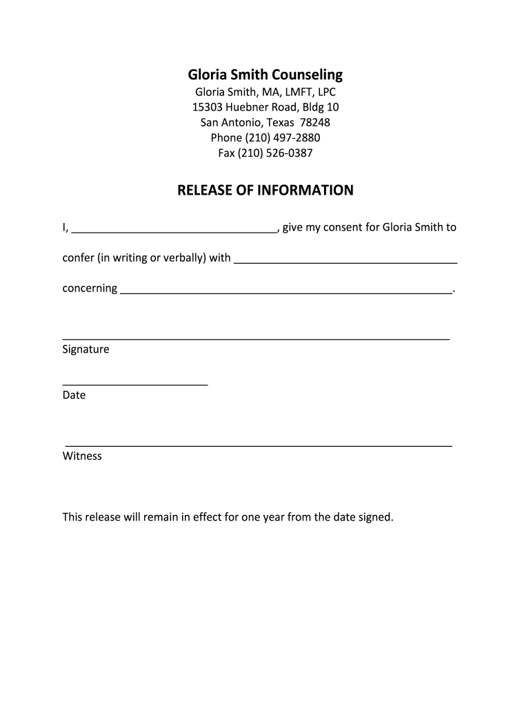 Gloria Smith Counseling Release Of Information Fill And Sign 
