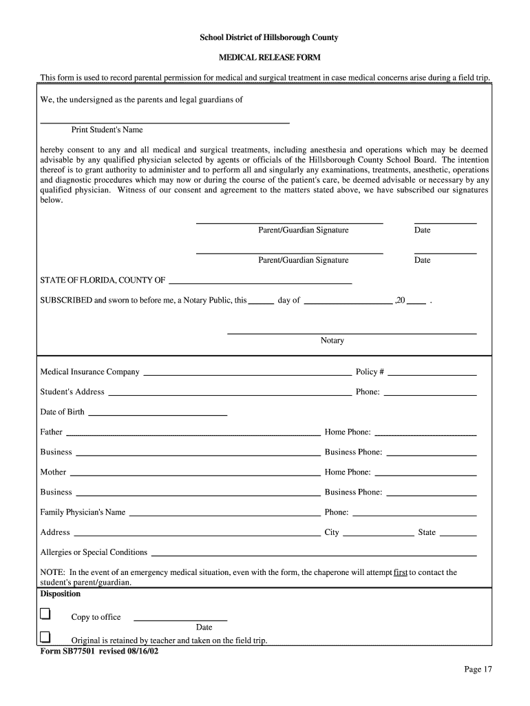 Hillsborough County School Board Medical Release Forms Fill Out Sign