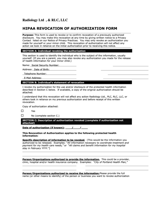 Hipaa Revocation Of Authorization Form Printable Pdf Download