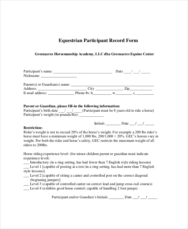 Horse Riding Lesson Waiver Template TUTORE ORG Master Of Documents