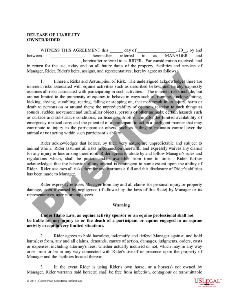 Idaho Release Of Liability Owner Rider Horse Equine Forms Equine 