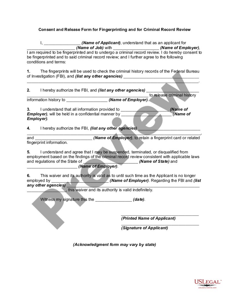 Indiana Consent And Release Form For Fingerprinting And For Criminal 