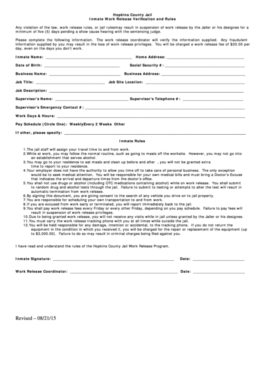Inmate Work Release Form Printable Pdf Download