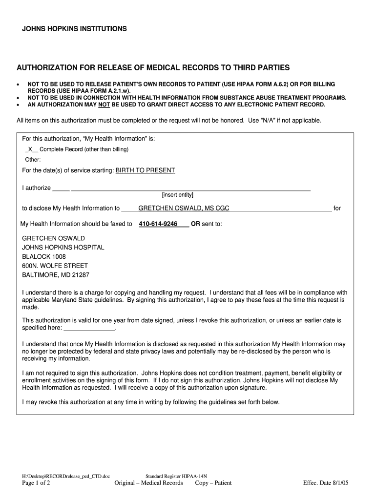 John Hopkins Medical Release Form Fill Online Printable Fillable