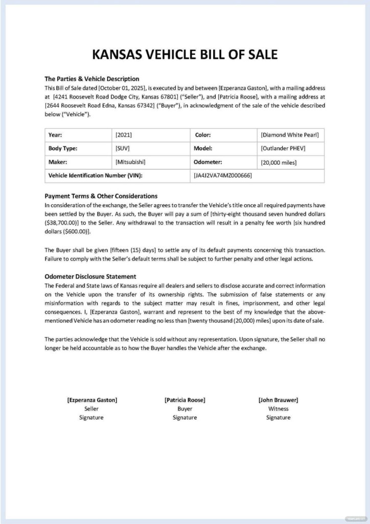 Kansas Vehicle Bill Of Sale Template Google Docs Word PDF 