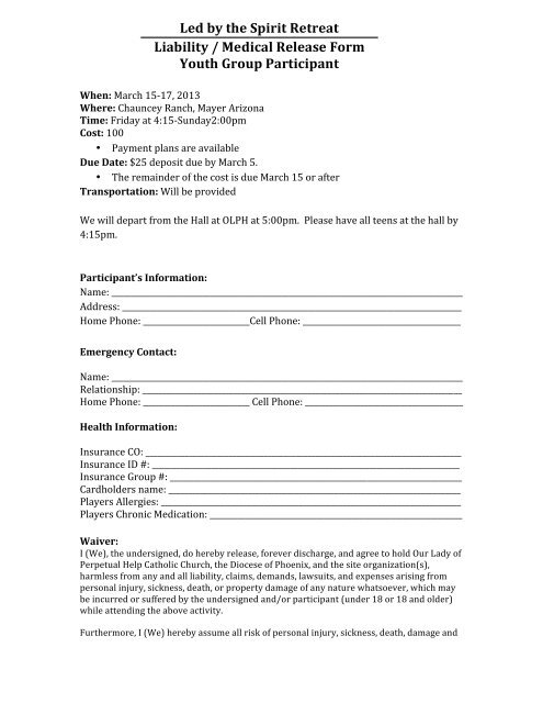 Led By The Spirit Retreat Liability Medical Release Form Youth Group