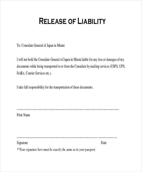 Liability Contract Template Liability Release Form Template Free 