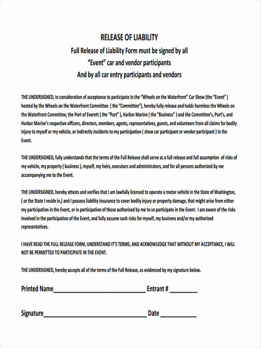 Liability Release Form Free Printable Printable Forms Free Online