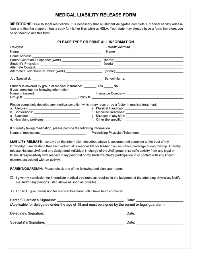 MEDICAL LIABILITY RELEASE FORM In Word And Pdf Formats