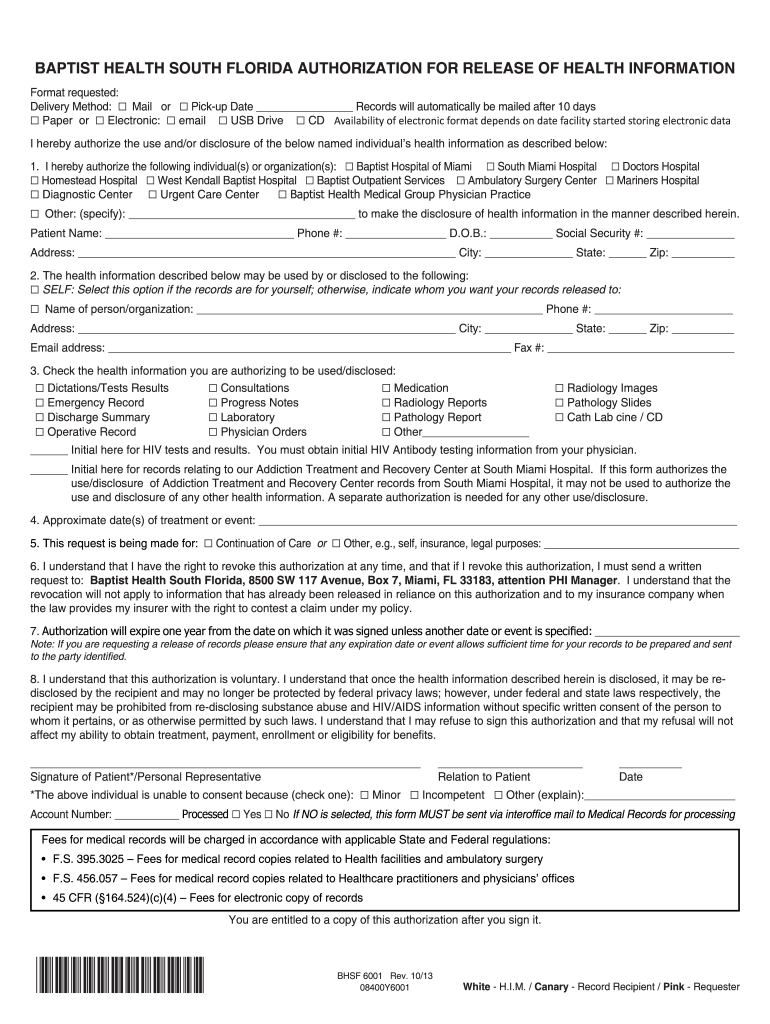 Medical Records Release Form Baptist Health South Florida Fill Out 