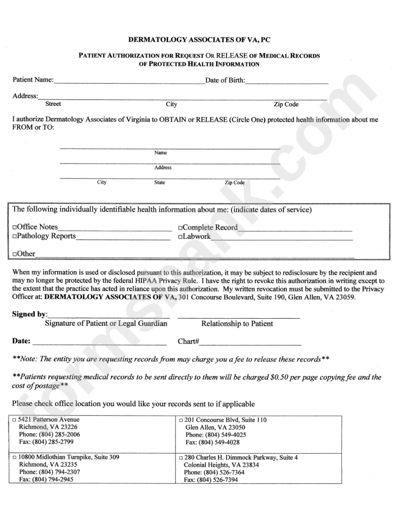 Medical Records Release Form Dermatology Associates Of Va Pc 