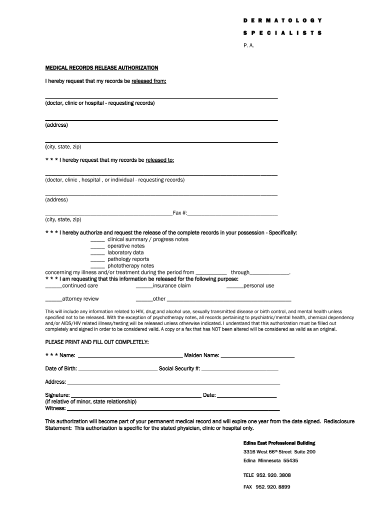 Medical Records Release Form Dermatology Specialists PA Fill Out And