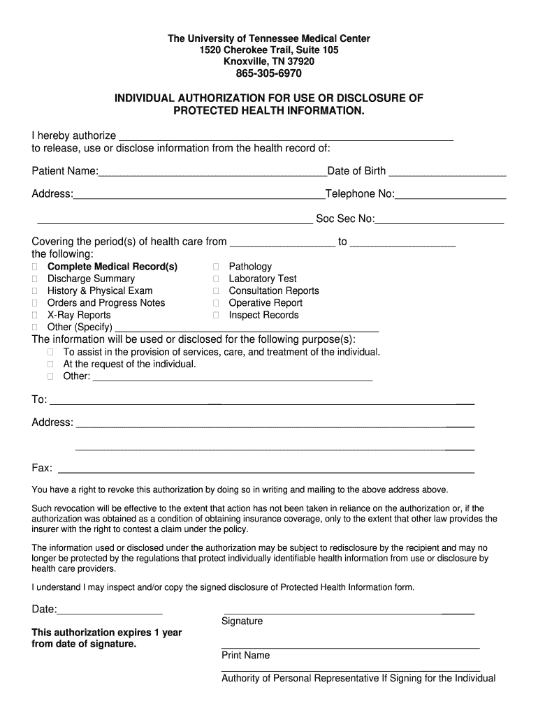Medical Records Release Form The University Of Tennessee 