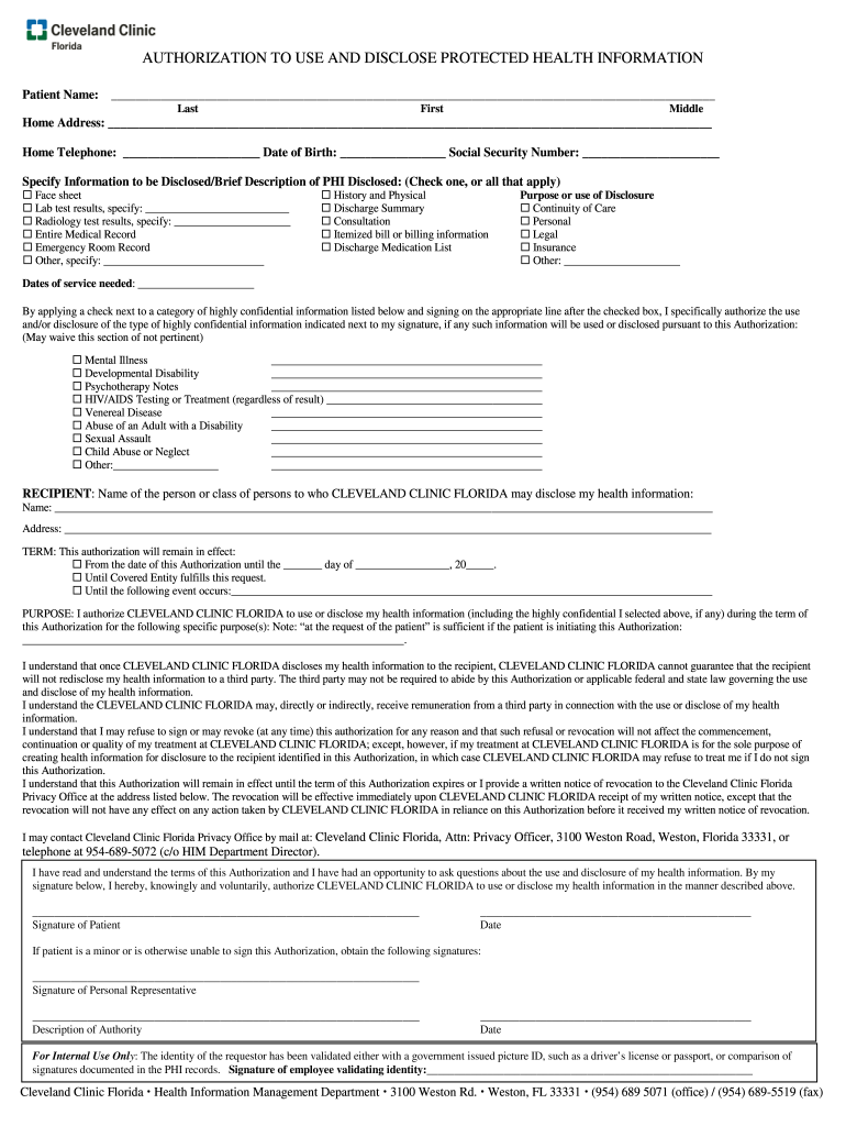 Medical Release Form Cleveland Clinic Florida ReleaseForm