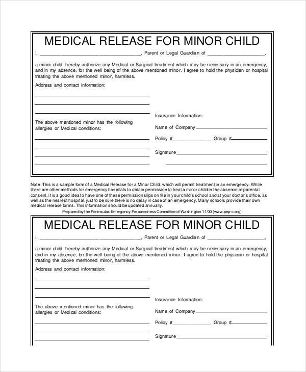 Medical Release Form For Minor Printable Printable Forms Free Online