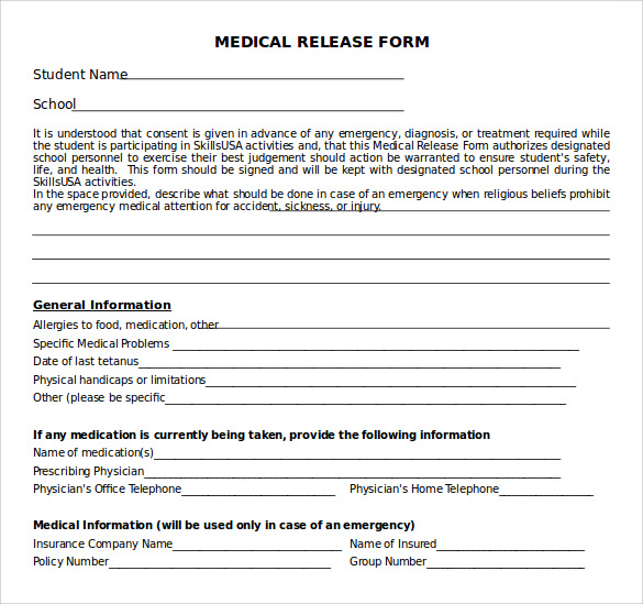 Medical Release Form For Minor Printable Printable Forms Free Online