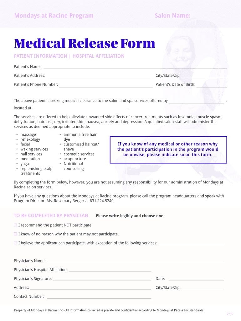 Medical Release Form Mondays At Racine Fill Out And Sign Printable 