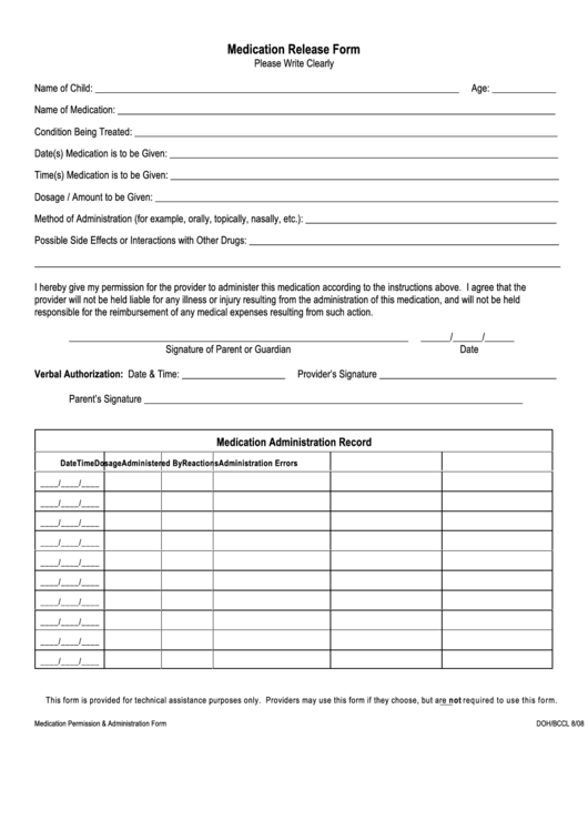 Medication Release Form Printable Pdf Download