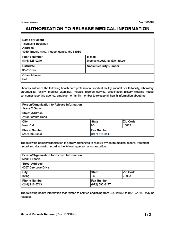 Medisinske Journaler Release Form Generic Request Template PDF Be 