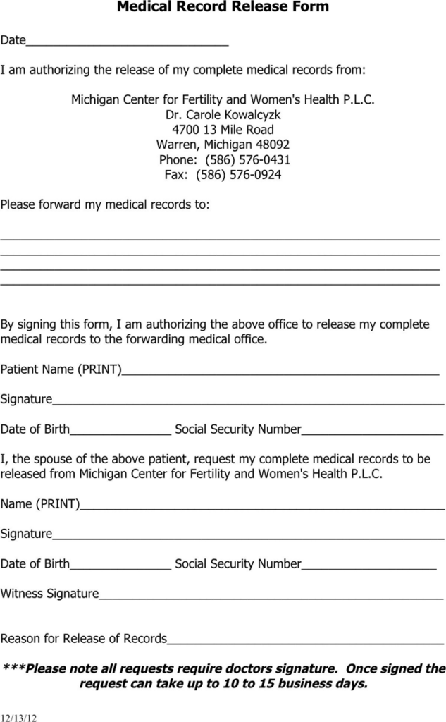 Michigan Medical Records Release Form Download Free Printable Blank 