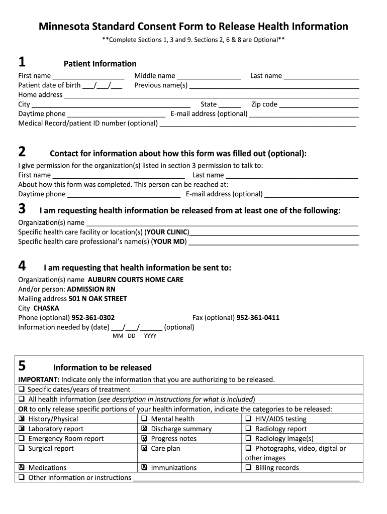 Minnesota Standard Consent Form To Release Health Information Fill Out