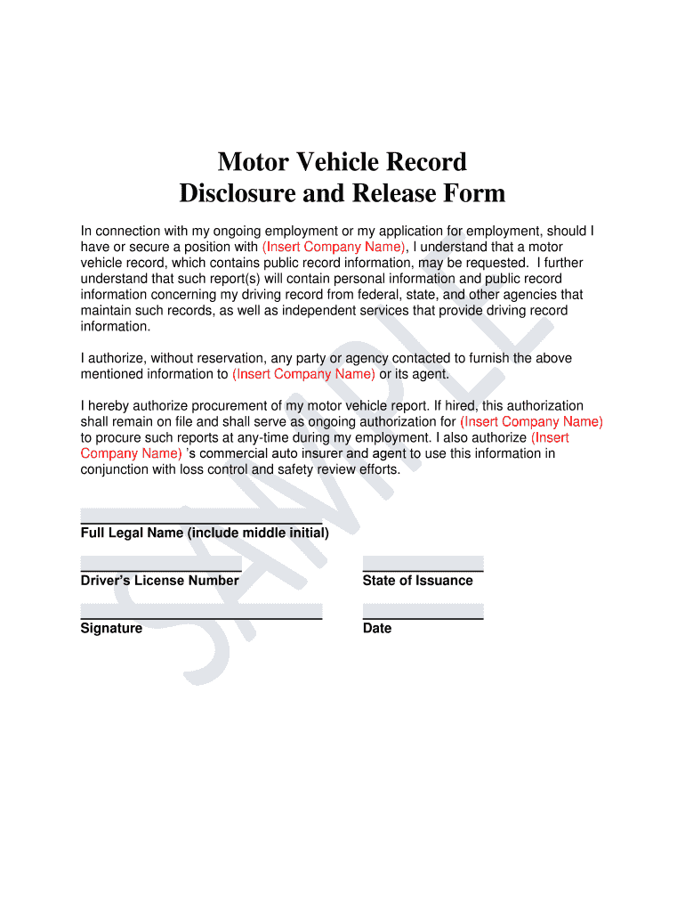 Motor Vehicle Record Disclosure And Release Form Fill Out Sign 