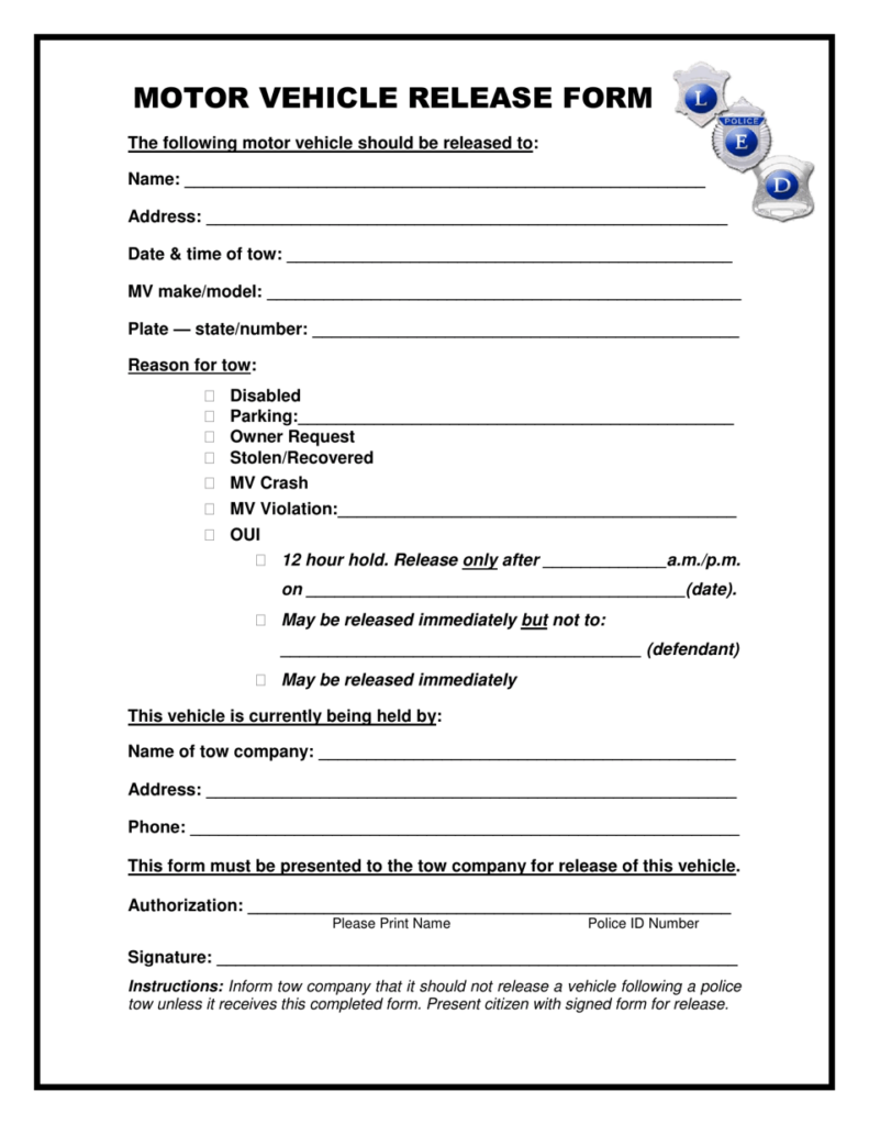 Motor Vehicle Release Form Led Police Download Printable PDF 