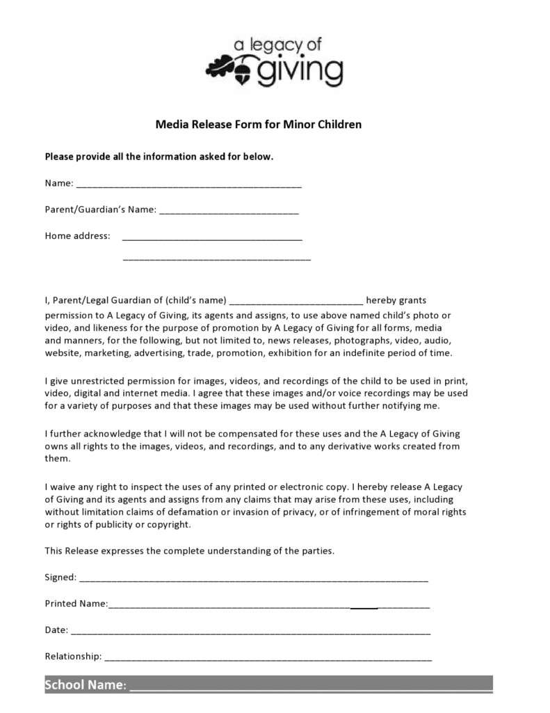 Non Profit Media Release Form Ona Release Form For Media Recording 