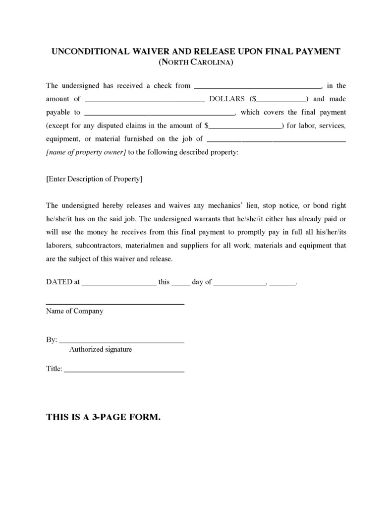 North Carolina Unconditional Lien Waiver And Release On Final Payment 