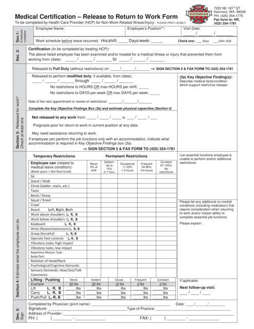 Northshore Washington Medical Certification Release To Return To 