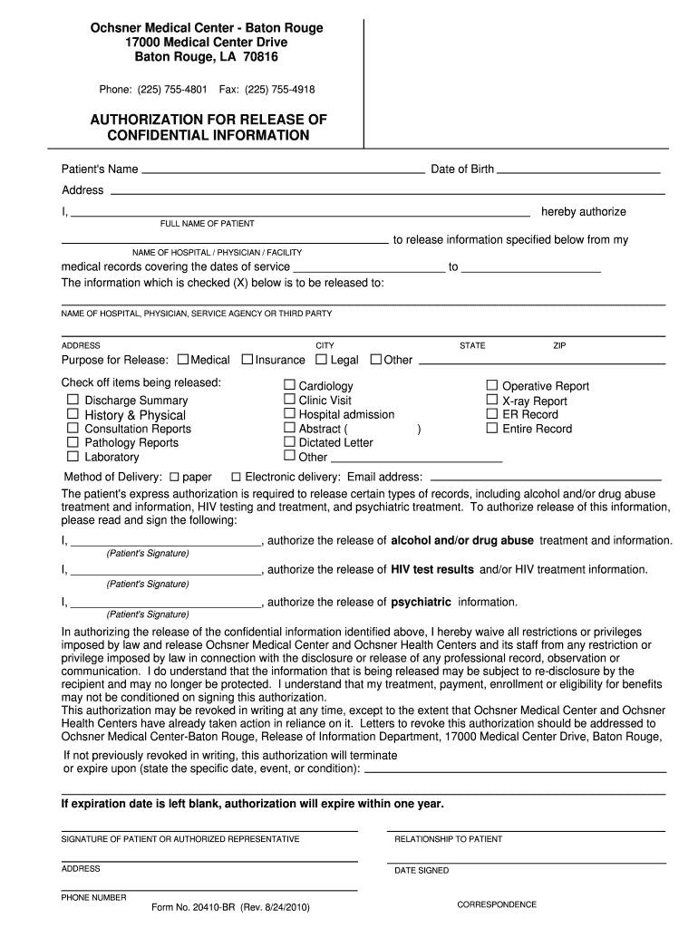 Ochsner Medical Information Release Fill Out Sign Online DocHub