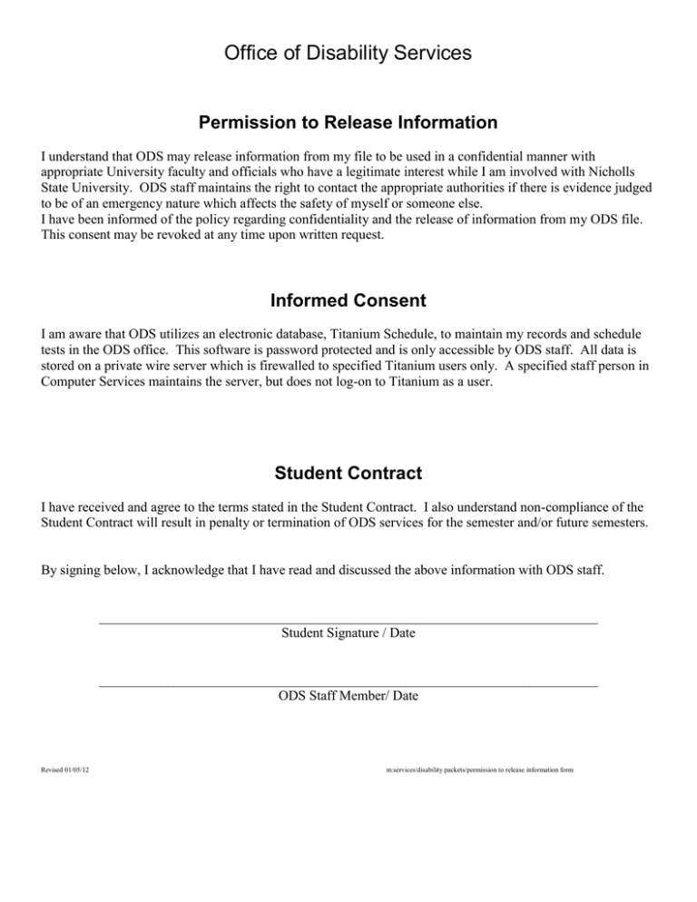 Office Of Disability Services Permission To Release Information