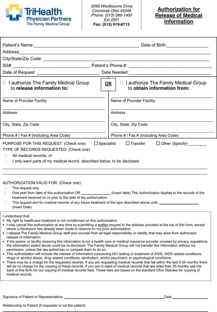 Ohio Medical Records Release Form Download Free Printable Blank Legal 