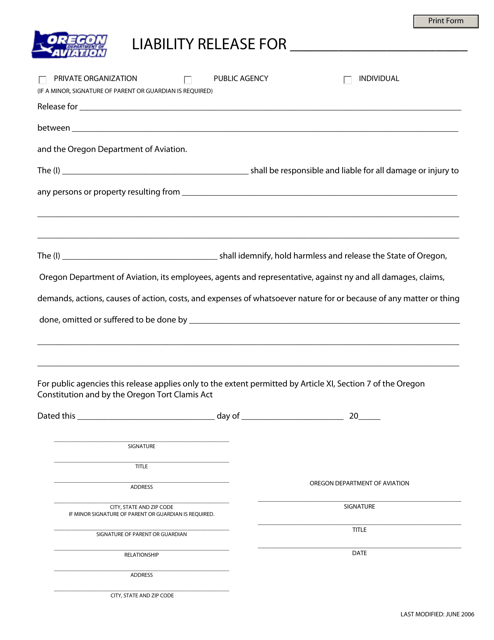 Oregon Liability Release Form Download Fillable PDF Templateroller