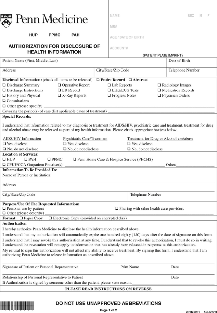 Parker Adventist Hospital Medical Records Form