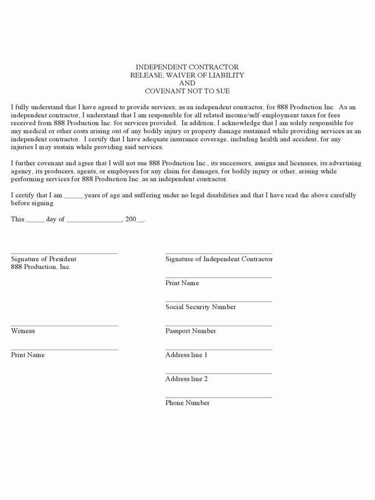 Personal Injury Waiver Form Fresh Contractor Liability Waiver Form 
