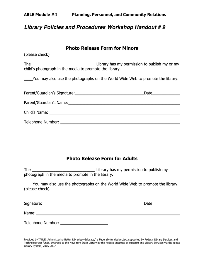 Photo Release Form For Minors In Word And Pdf Formats