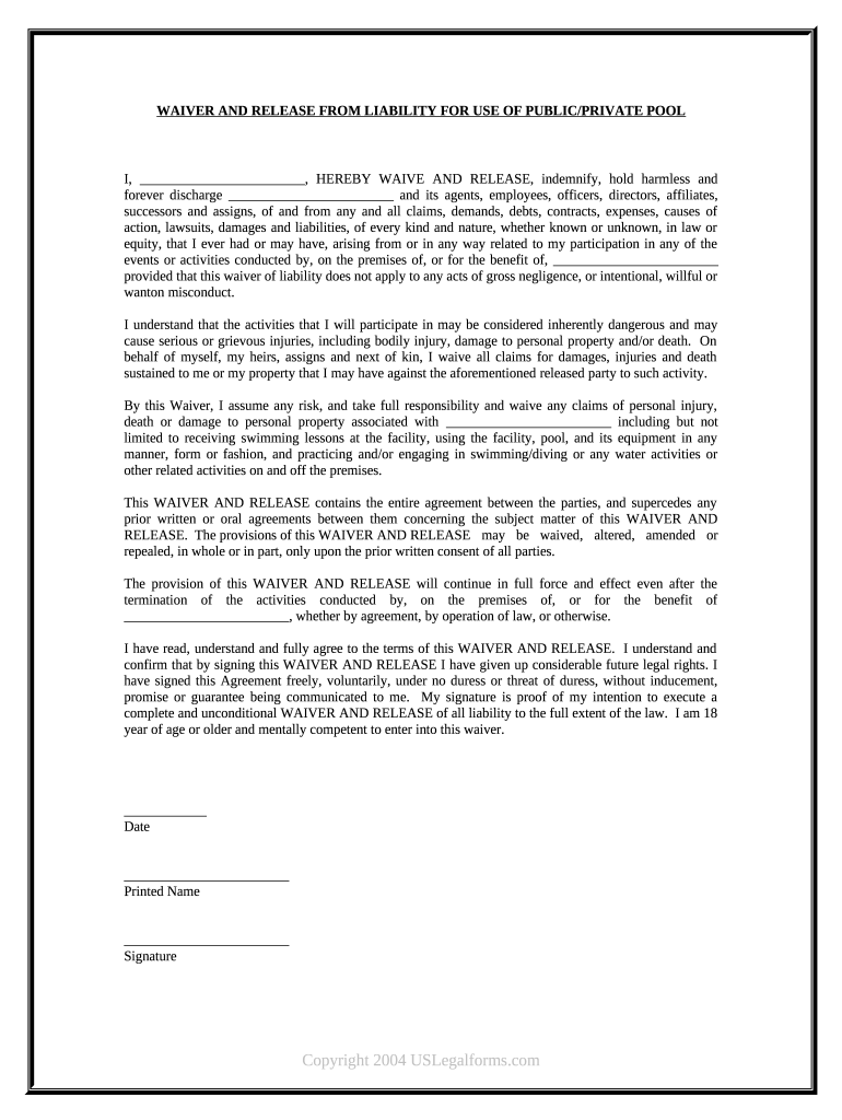 Pool Waiver Liability Form Fill Out And Sign Printable PDF Template 